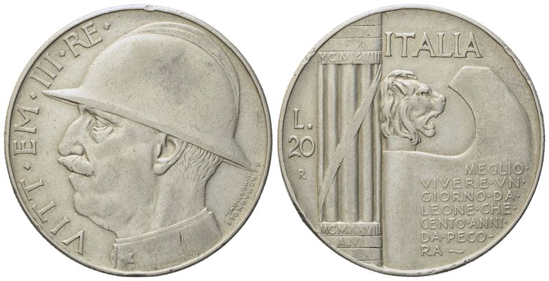 Regno D'italia. Vittorio Emanuele III (1900-1943). 20 Lire 1928 “elmetto”. Ag (19,90 G; 35 MM)