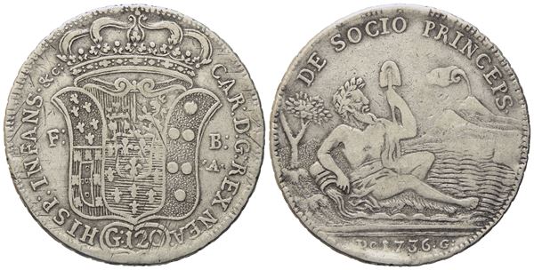 NAPOLI. Regno di Napoli. Carlo di Borbone (1734-1759). Piastra da 120 grana 1736 "De G". Ag (25,05 g; 39,7 mm)  - Auction Modern Coins - Bertolami Fine Art - Casa d'Aste