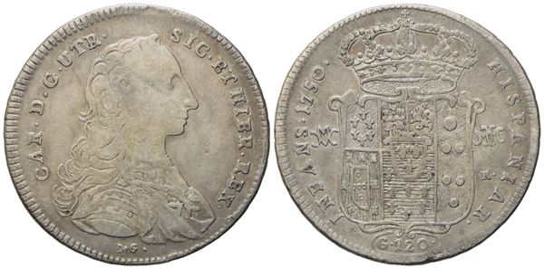 NAPOLI. Regno di Napoli. Carlo di Borbone (1734-1759). Piastra da 120 grana 1750 "De G sotto il busto. Ag (24,60 g; 42 mm)