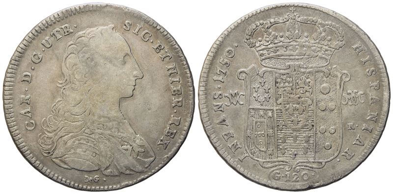 Napoli. Regno di Napoli. Carlo di Borbone (1734-1759). Piastra da 120 Grana 1750 "de G Sotto il B...