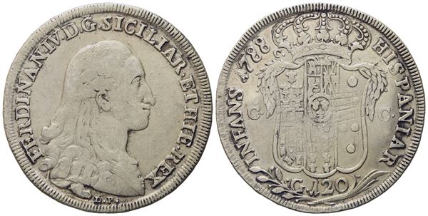 NAPOLI. Regno di Napoli. Ferdinando IV di Borbone (1759-1799, I per.). Piastra da 120 Grana 1788 "D.P". Ag (27,15 g; 42 mm)  - Asta Monete e medaglie medievali e moderne italiane ed estere - Bertolami Fine Art - Casa d'Aste