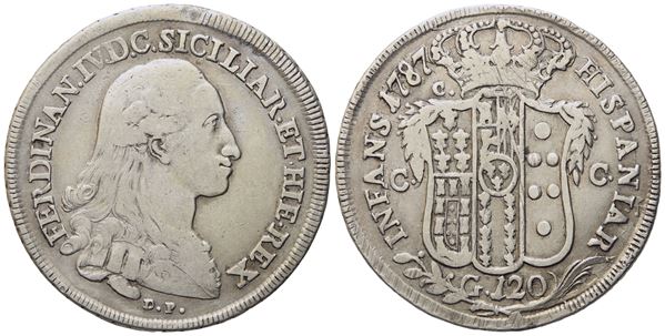 NAPOLI. Regno di Napoli. Ferdinando IV di Borbone (1759-1799, I per.). Piastra da 120 grana 1787 "D C al dr". Ag (27,05 g; 41,8 mm)  - Asta Monete e medaglie medievali e moderne italiane ed estere - Bertolami Fine Art - Casa d'Aste