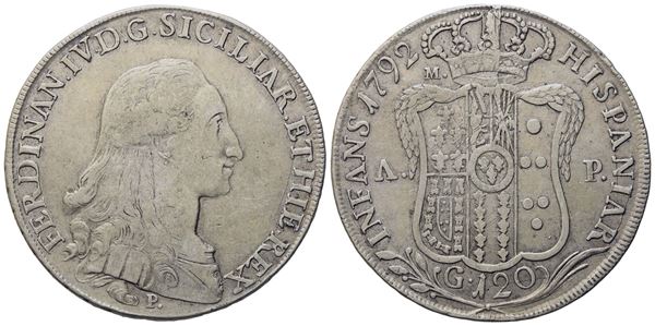 NAPOLI. Regno di Napoli. Ferdinando IV di Borbone (1759-1799, I per.). Piastra da 120 grana 1792. Ag (27,15 g; 40,2 mm)  - Asta Monete e medaglie medievali e moderne italiane ed estere - Bertolami Fine Art - Casa d'Aste