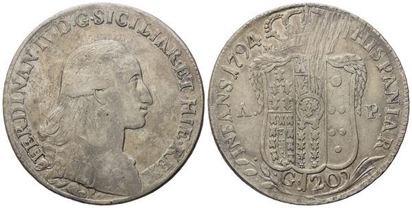 NAPOLI. Regno di Napoli. Ferdinando IV di Borbone (1759-1799, I per.). Piastra da 120 grana 1794. Ag (27,45 g; 39,8 mm)  - Asta Monete e medaglie medievali e moderne italiane ed estere - Bertolami Fine Art - Casa d'Aste