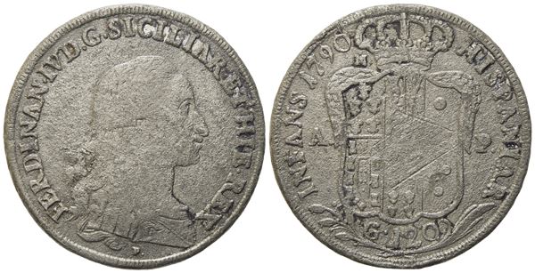 NAPOLI. Regno di Napoli. Ferdinando IV di Borbone (1759-1799, I per.). Piastra da 120 Grana 1790. Pb (20,67 g; 41,5 mm)  - Asta Monete e medaglie medievali e moderne italiane ed estere - Bertolami Fine Art - Casa d'Aste