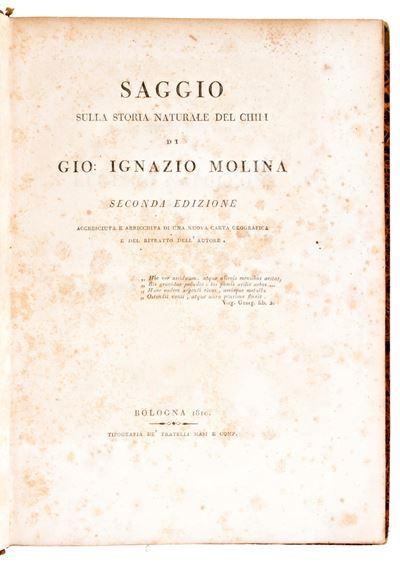 [storia/cile] Molina, Giovanni Ignazio : Saggio sulla Storia Naturale del Chili. Fratelli Masi e ...