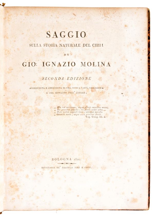 [Storia/Cile] Molina, Giovanni Ignazio :  Saggio sulla storia naturale del Chili. Fratelli Masi e comp., Bologna 1810