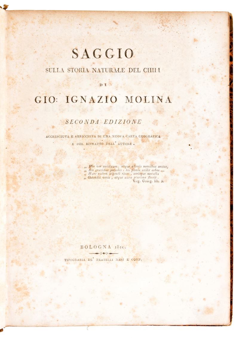 [storia/cile] Molina, Giovanni Ignazio : Saggio sulla Storia Naturale del Chili. Fratelli Masi e ...