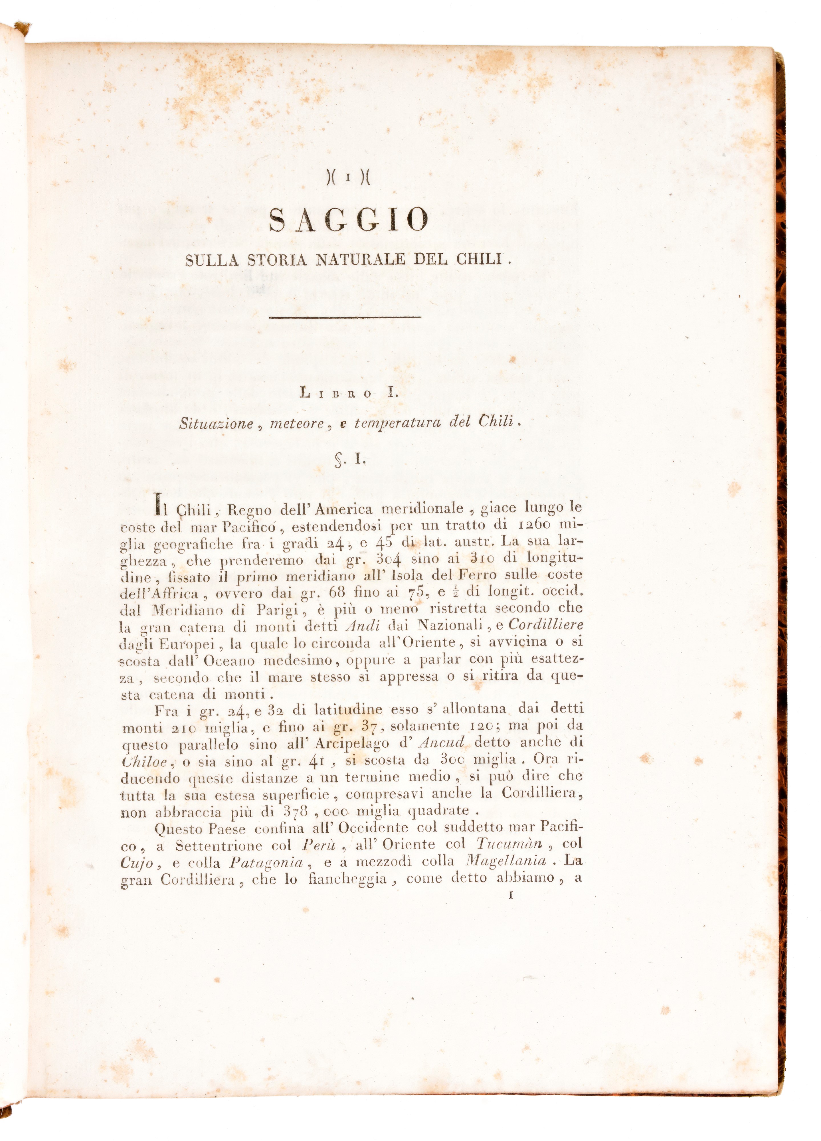 [storia/cile] Molina, Giovanni Ignazio : Saggio sulla Storia Naturale del Chili. Fratelli Masi e ...