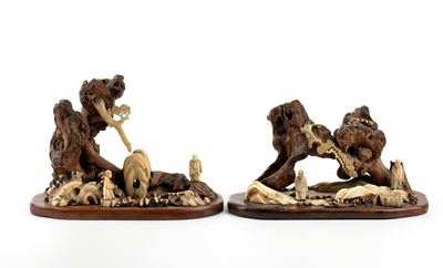Coppia di paesaggi cinesi, scultura in osso su supporto ligneo (inizio XX secolo)
