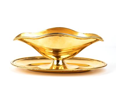 Salsiera italiana con sottopiatto, argento dorato 800/1000, anni ’40