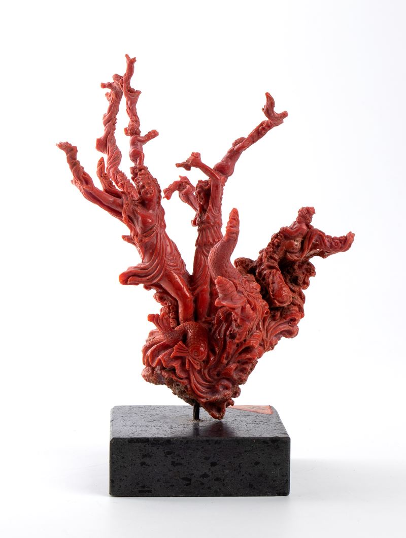 Scultura in corallo rosso del Mediterraneo (Corallum Rubrum), Gruppo di ninfe in festa, Italia me...