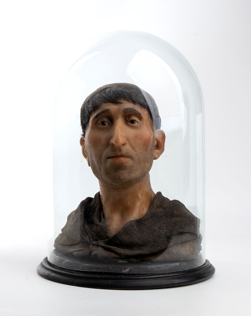 Ceroplastica, Girolamo Savonarola a mezzo busto entro campana di vetro, ambito napoletano XVII-XV...