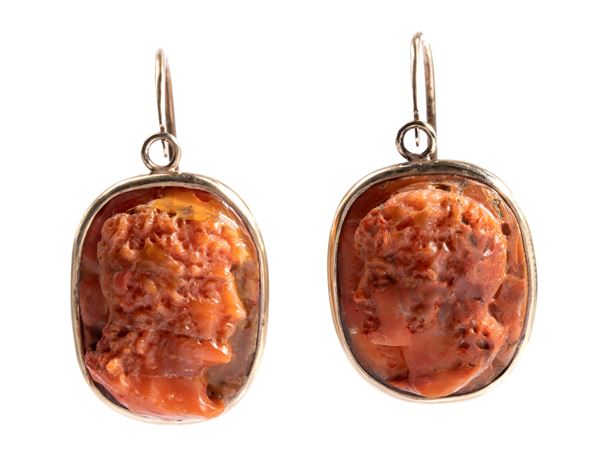 Mediterranean coral cameo earrings