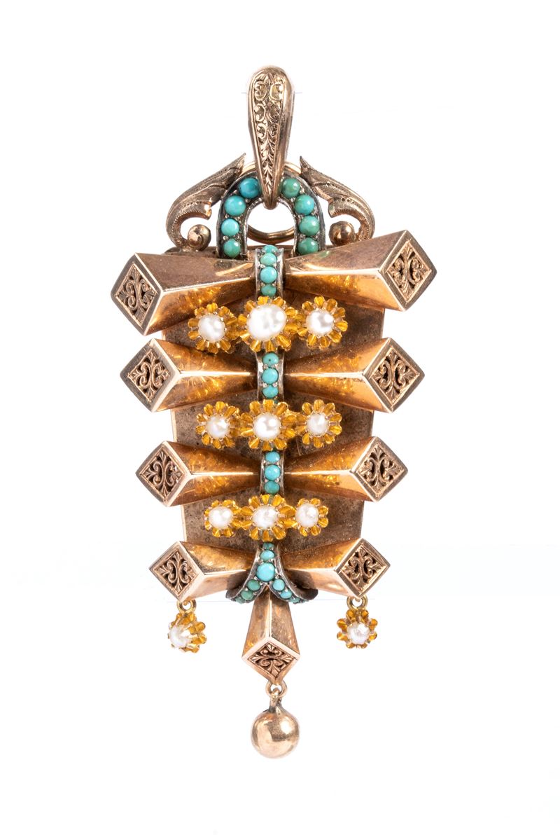 XIX secolo, Pendente in oro a basso titolo e perle con turchesi