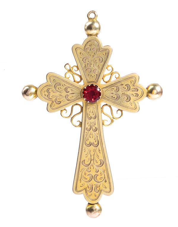 Gold pendant cross with red glass paste