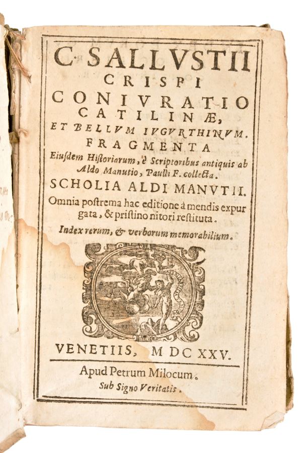 [Classici latini] Manuzio, Aldo / Sallustio, Crispo : C. Sallustii Crispi Coniuratio Catilinae et bellum Iugurthinum. Fragmenta Eiusdem Historiarum..  in Venezia il 1625 per Petrum Milicum