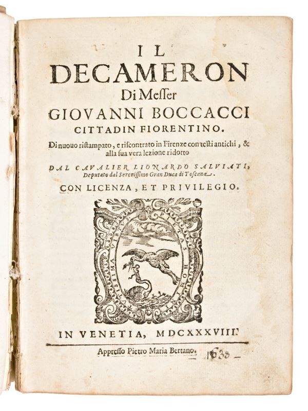 Boccaccio, Giovanni : Il Decameron... & alla sua vera lezione ridotta dal Cavalier Lionardo Salviati... Venezia, Pietro Maria Bertano 1638