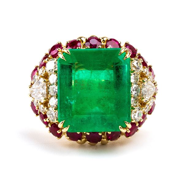 Colombian emerald diamond ruby gold band ring