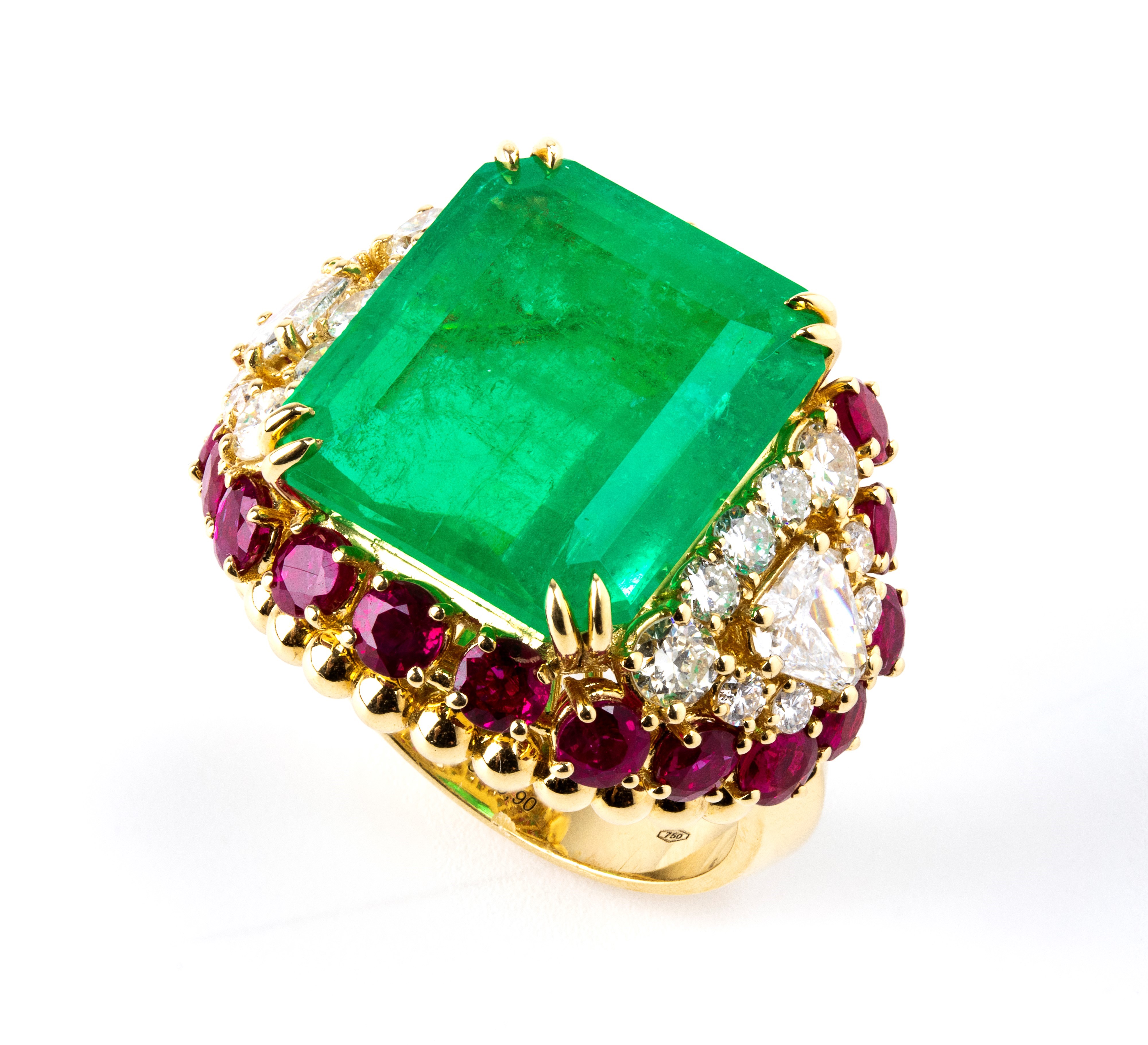 Anello in oro con smeraldo (colombiano) rubini e diamanti