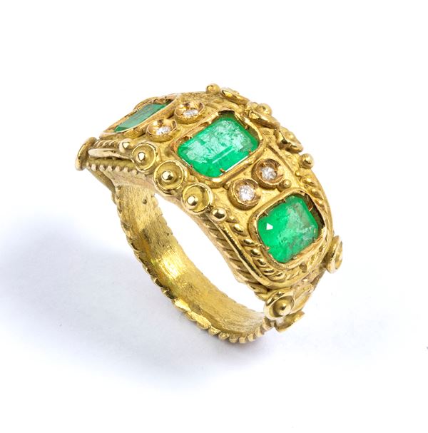 Archaeological style emerald diamond gold ring