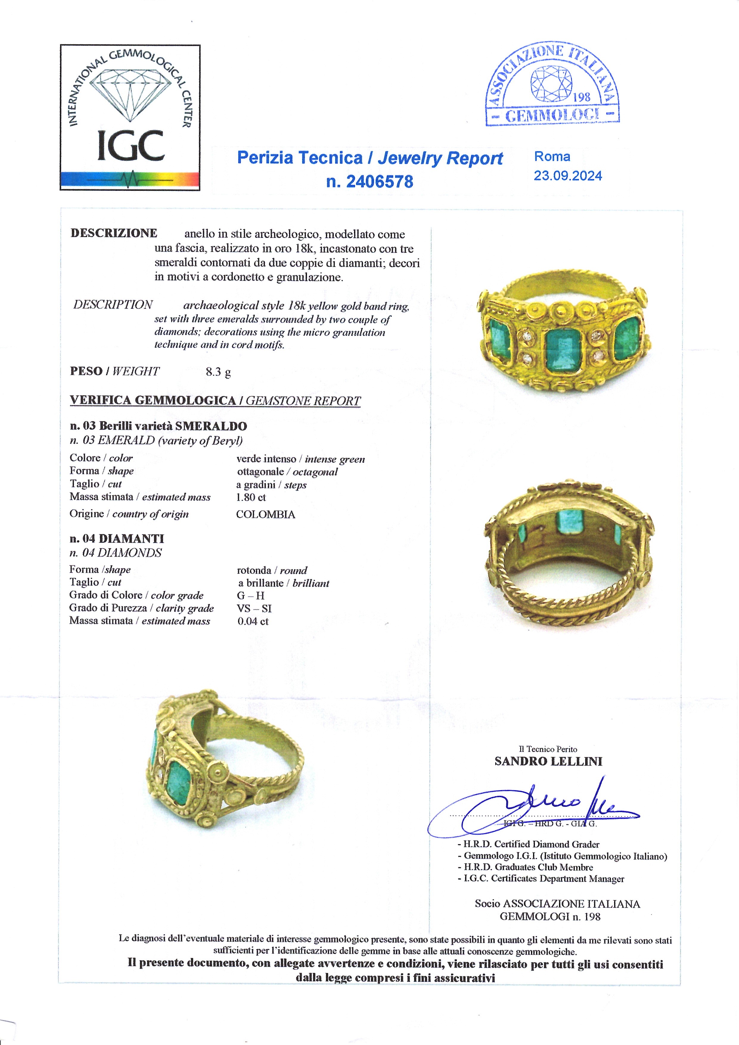 Anello in oro in stile archeologico con smeraldi e diamanti