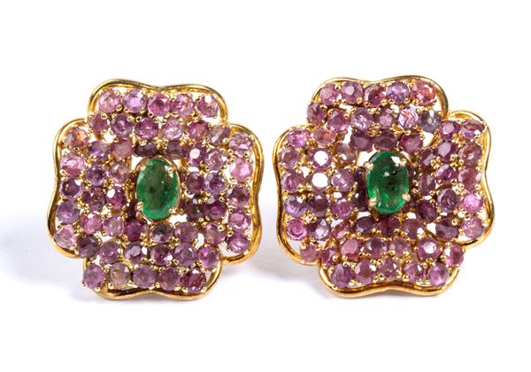 Pair of gold flower earrings with rubies and emeralds 