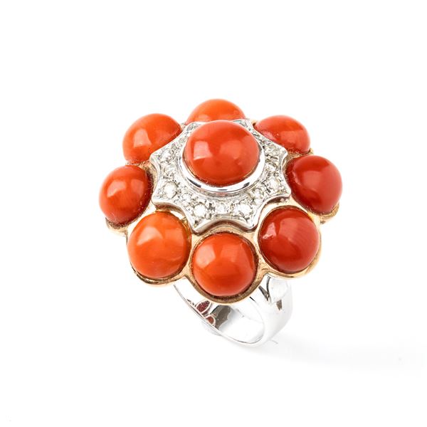 Diamond Mediterranean coral gold flower ring