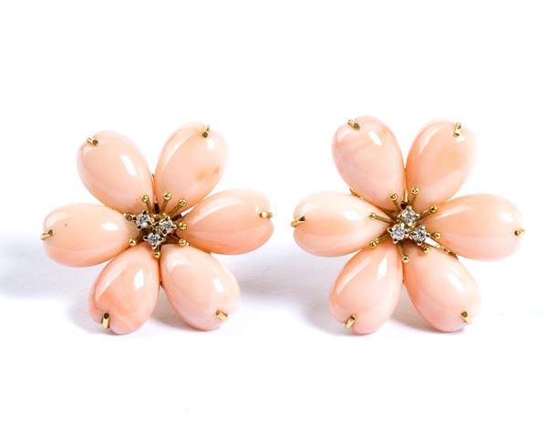 Pair of pink coral and diamonds flower earrings 