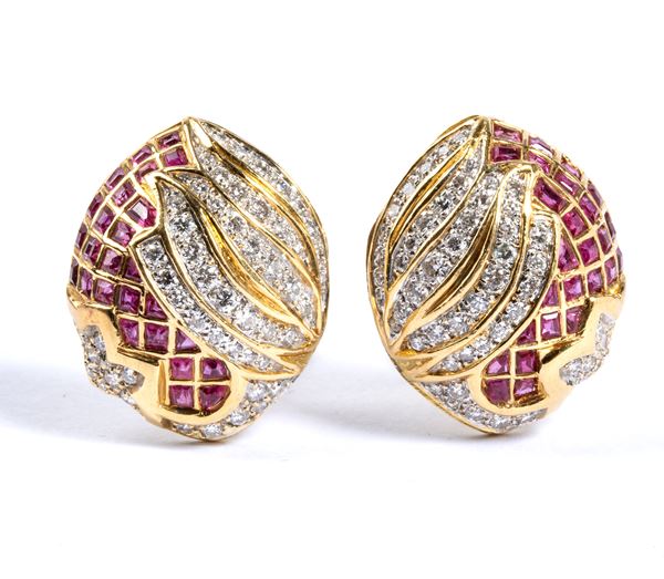 Gold diamond ruby pair of earrings