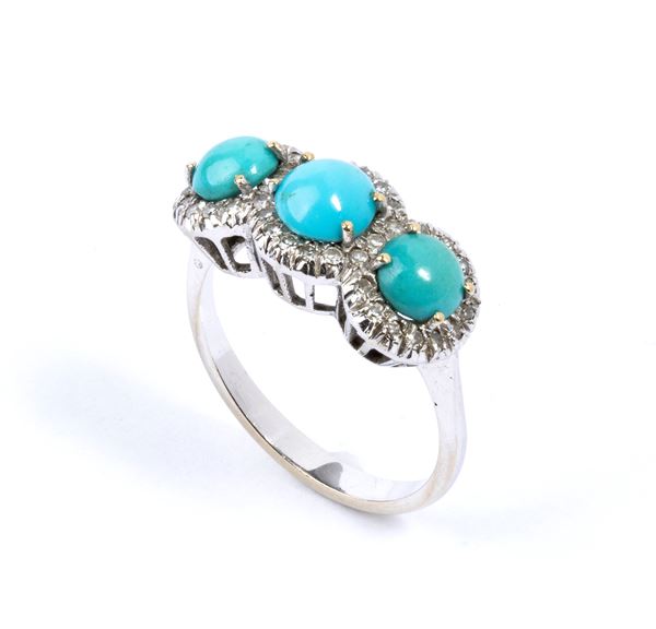 Three turquoise and diamond flower motifs gold ring 