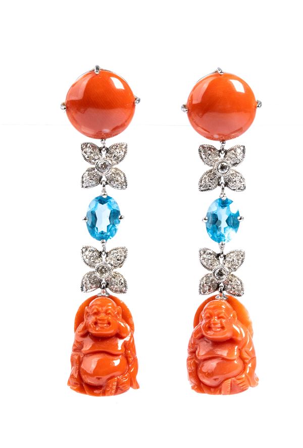 Cerasuolo coral topaz diamond gold pair of pendant earrings