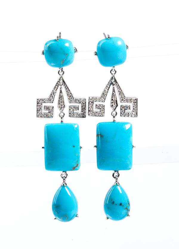 Turquoise diamond pair of gold pendant earrings