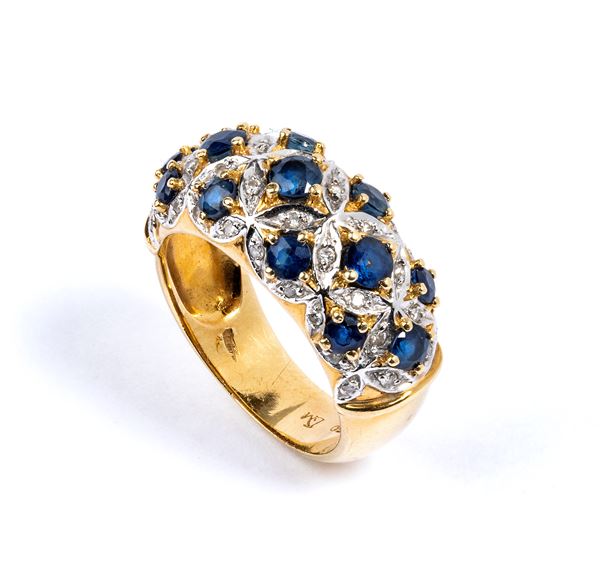 Gold diamond sapphire gold band ring