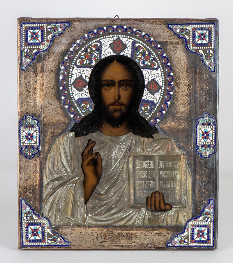 Icona russa del Cristo pantocratore, riza in argento e smalti cloisonné, fine  XIX secolo