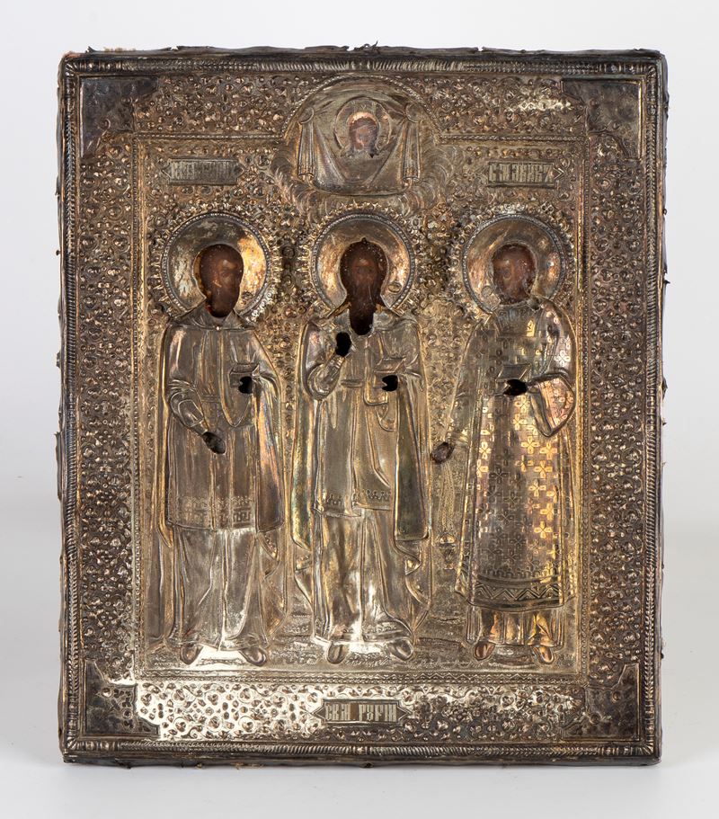 Icona russa, Cristo Pantocratore e santi stanti con riza in argento (Mosca, 1890)
