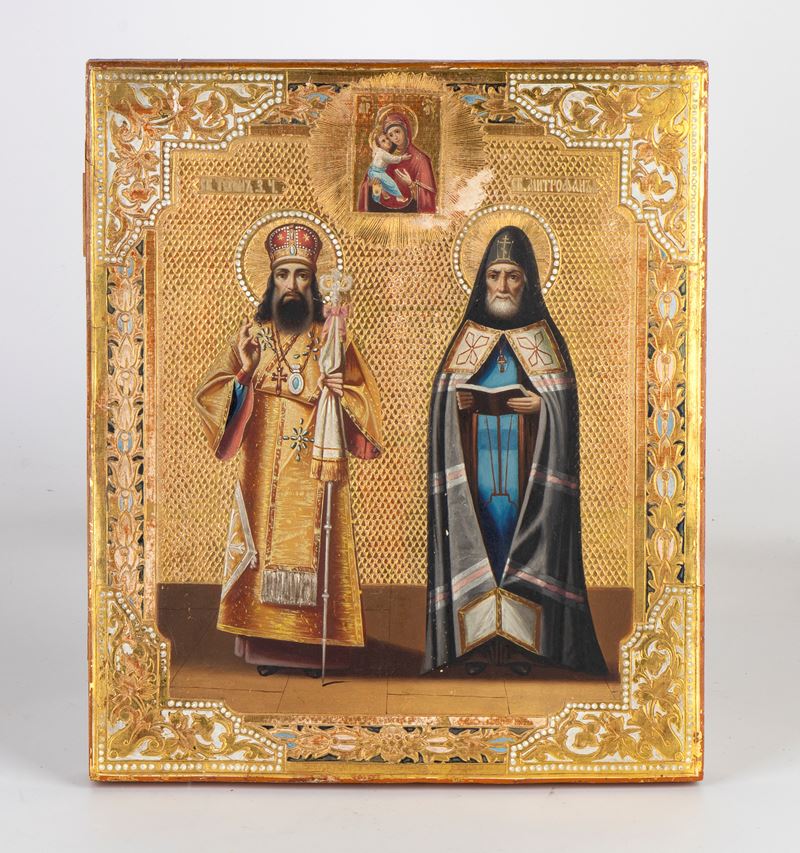 Icona russa con santi, tempera su tavola con cornice floreale, XX secolo