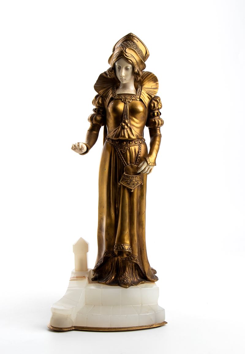 Etienne Watrin - Fanciulla elisabettiana in piedi, bronzo dorato e avorio