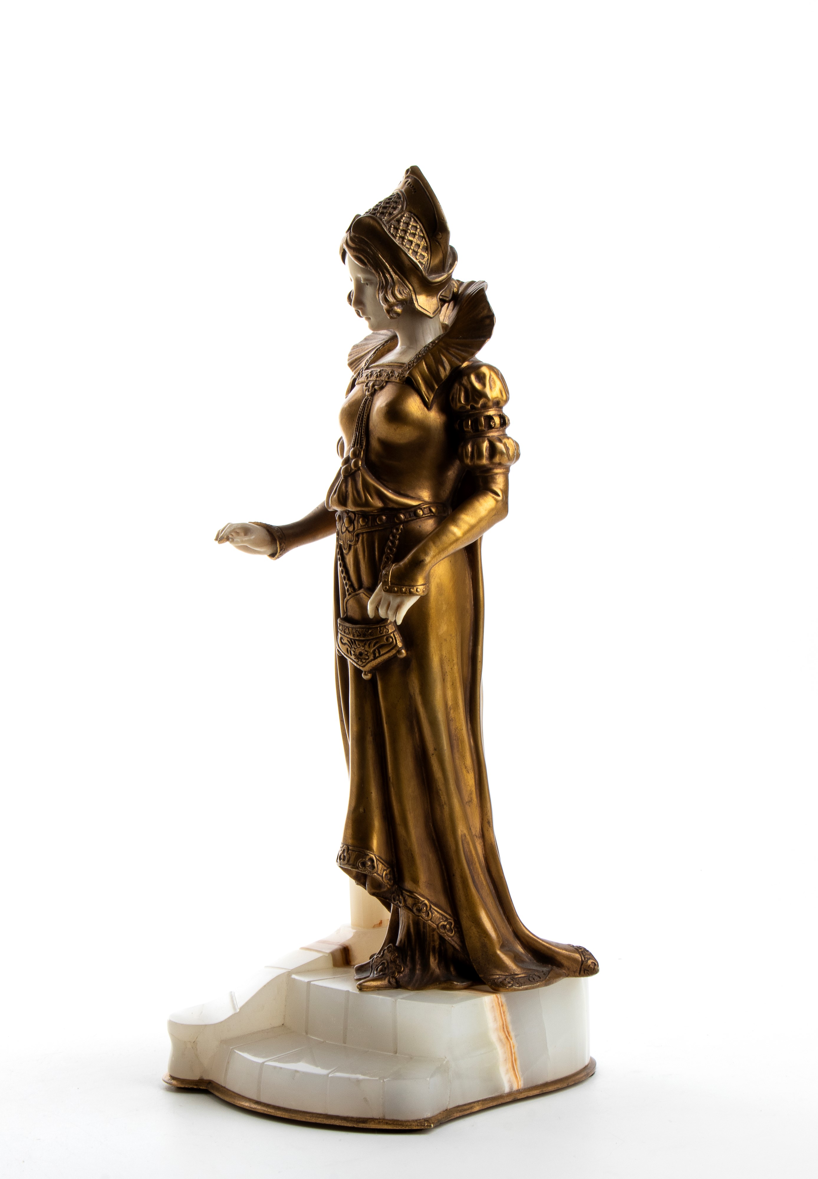 Fanciulla elisabettiana in piedi finemente vestita, bronzo e avorio