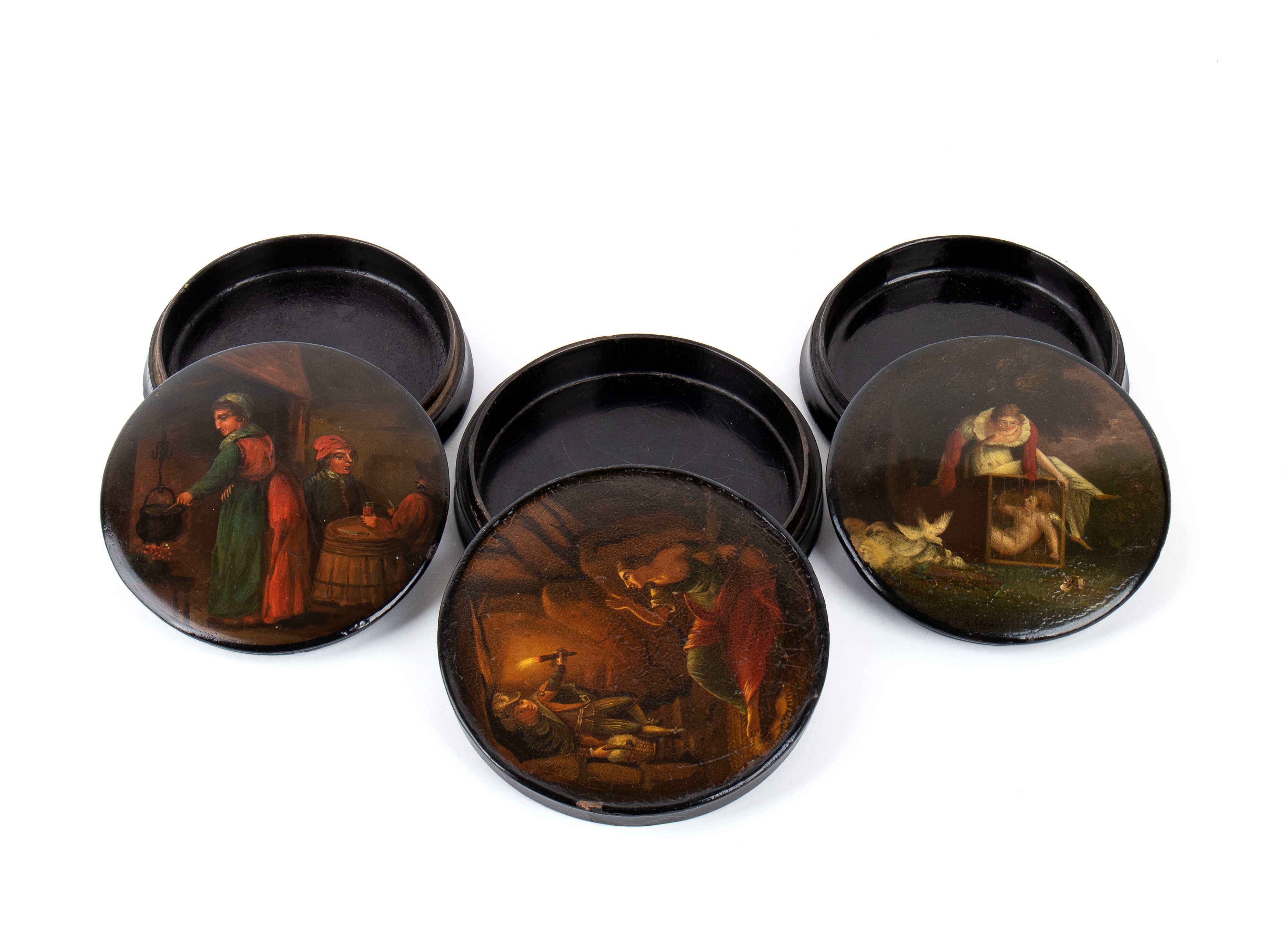 Scatole russe in lacca, gruppo di 3 scatole rotonde in papier-mâché (XVIII–XIX secolo)