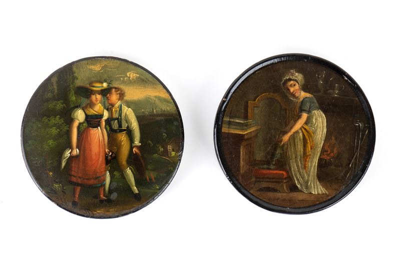 Scatole russe in lacca, coppia di personaggi e nobildonna, tecnica in papier-mâché (carta pesta),...