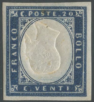 Certificato Bottacchi/Enzo Diena, Sardegna 20 cent., azzurro oltremare n. 15Dc con effige capovol...