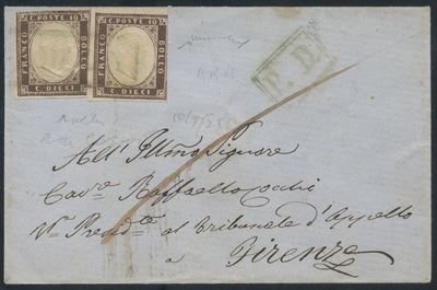 Oltreappennino Modenese, Aulla – Busta per Firenze con affrancatura da 10 cent. bruno porpora (10...