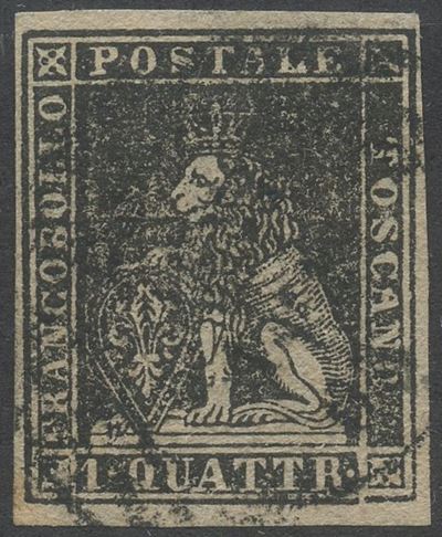 Toscana, II emissione 1857 - 1q. nero n.10, usato, qualità Lusso