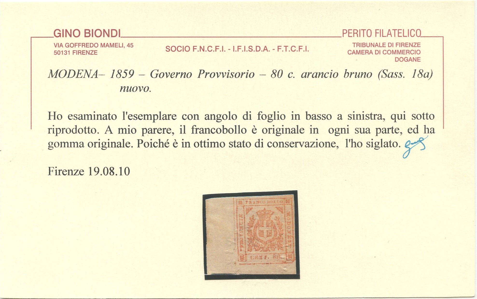 Modena - 80 Cent. Angolo di Foglio.