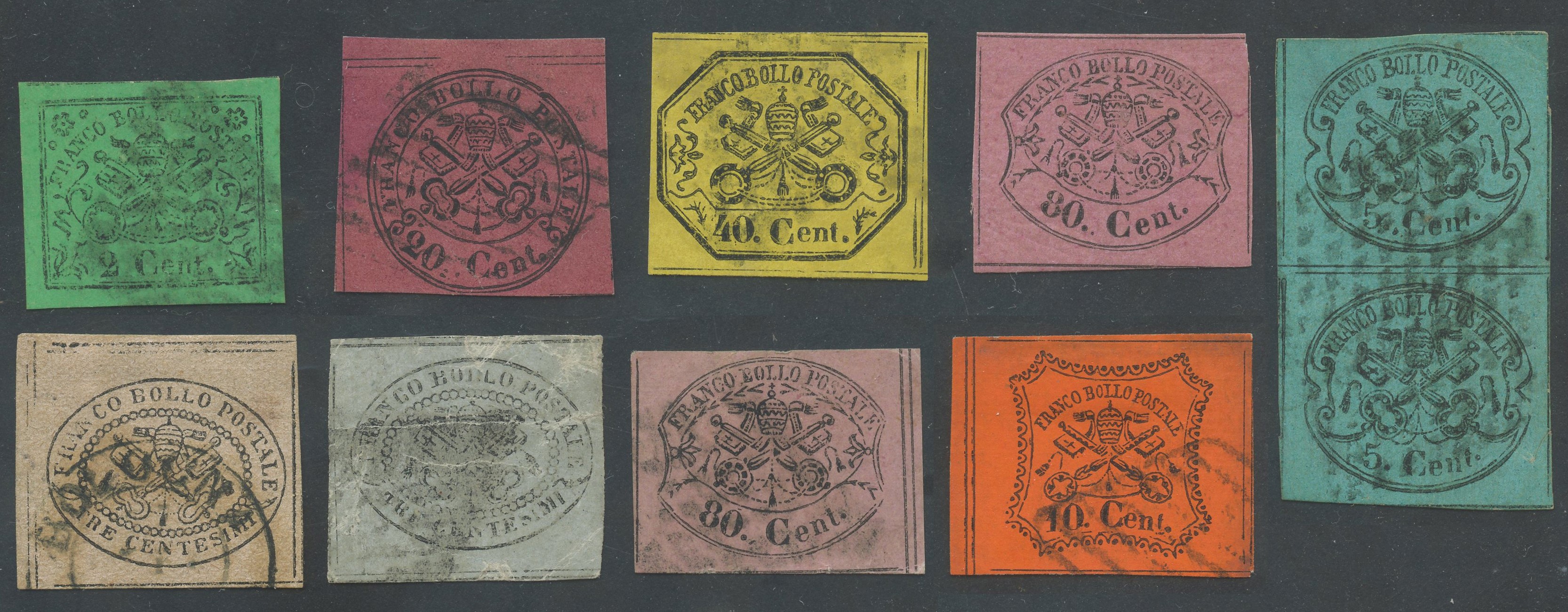 Pontificio - II Emissione, la Serie con il Raro 3 Cent. Grigio Usato, Certificato.