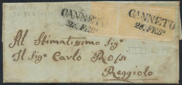 Lombardo veneto - 5 cent. striscia di tre su busta