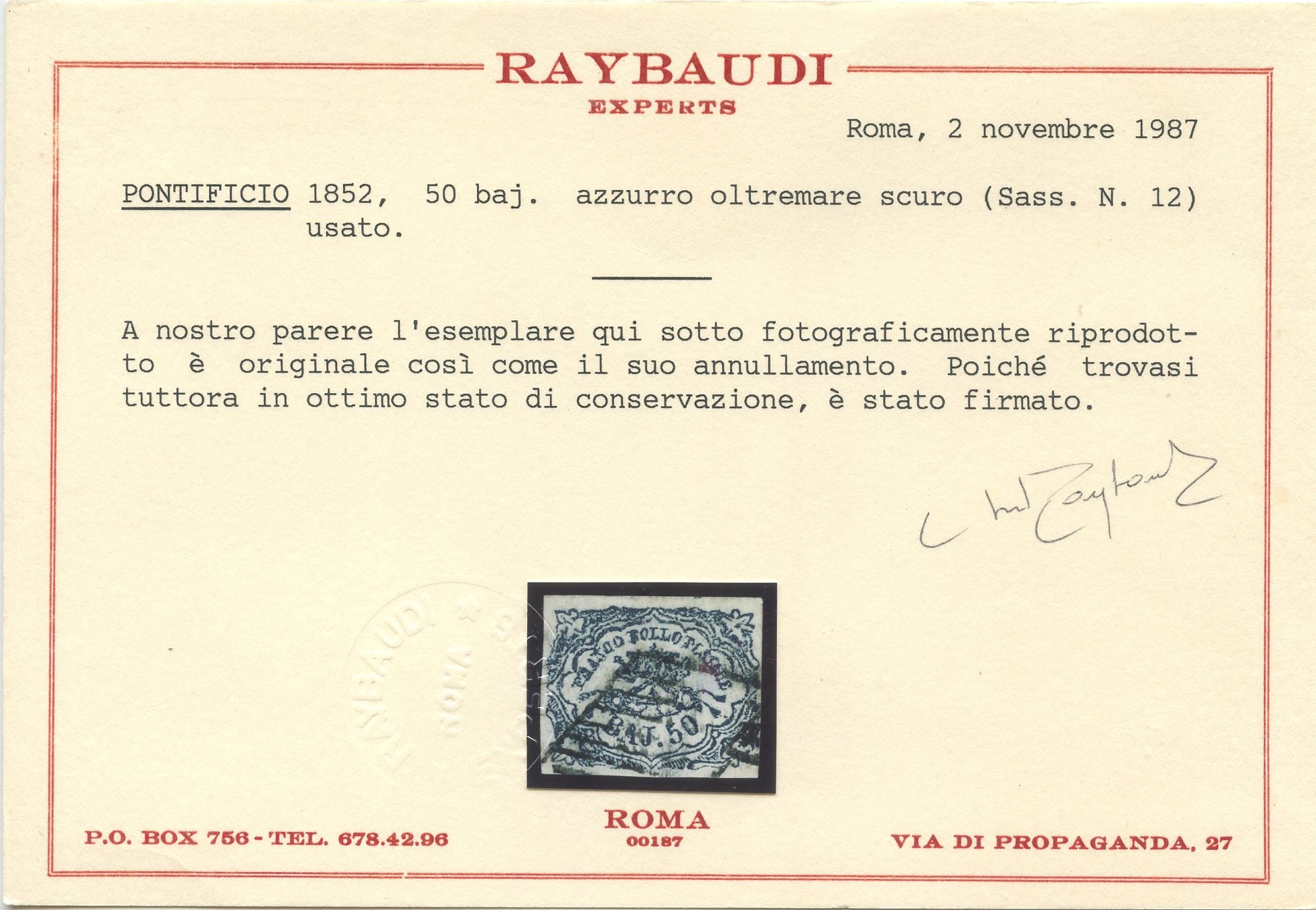 Pontificio, 50 baj. azzurro oltremare scuro, stampa difettosa