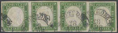 Sardegna, Annullo 'Cotrone' - 5 cent. Verde Giallastro, n. 13Da in striscia di 4
