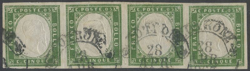Sardegna, Annullo 'Cotrone' - 5 cent. Verde Giallastro, n. 13Da in striscia di 4
